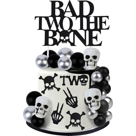 Bad Two the Bone Cake Decorations Black - Gothic Skeleton Skull Ball Cake Cupcake Toppers Ball Dessert Picks, Two Years Old White Silver Cake Figurine Supplies