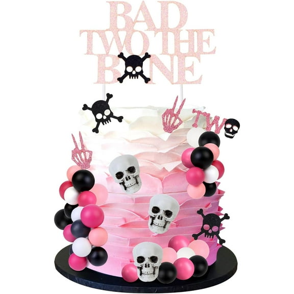 Bad Two the Bone Cake Decorations for Girls Women Pink - Gothic Skeleton Skull Ball Cake Cupcake Toppers Ball Dessert Picks, RIP Twenties Rose Gold Cake Supplies