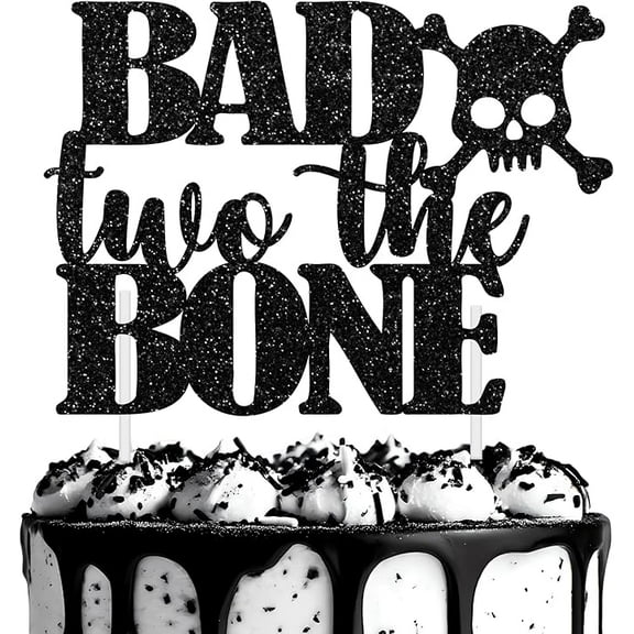 Bad Two The Bone Cake Topper Rock And Roll 2nd Birthday Party Decorations Rock Themed 2nd Bday Cake Topper Bone Skull Second Birthday Decor Music Theme 90s Bday Party Supplies Black