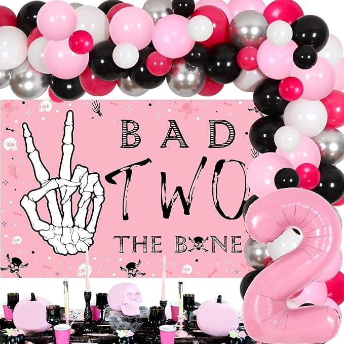 Bad Two the Bone Party Decorations Girl Pink Bad Two the Bone Backdrop Rock Themed 2nd Birthday Balloon Garland Music Themed Birthday Rock N Roll Theme Decors for 2nd Birthday Party