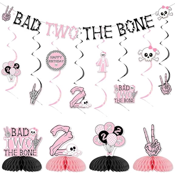 Bad Two The Bone Party Decorations Girl, Pink Skeleton 2nd Birthday Decorations Honeycomb Centerpieces Bad 2 The Bone Banner Hanging Swirl for Music Theme Rock And Roll 2nd Birthday Party