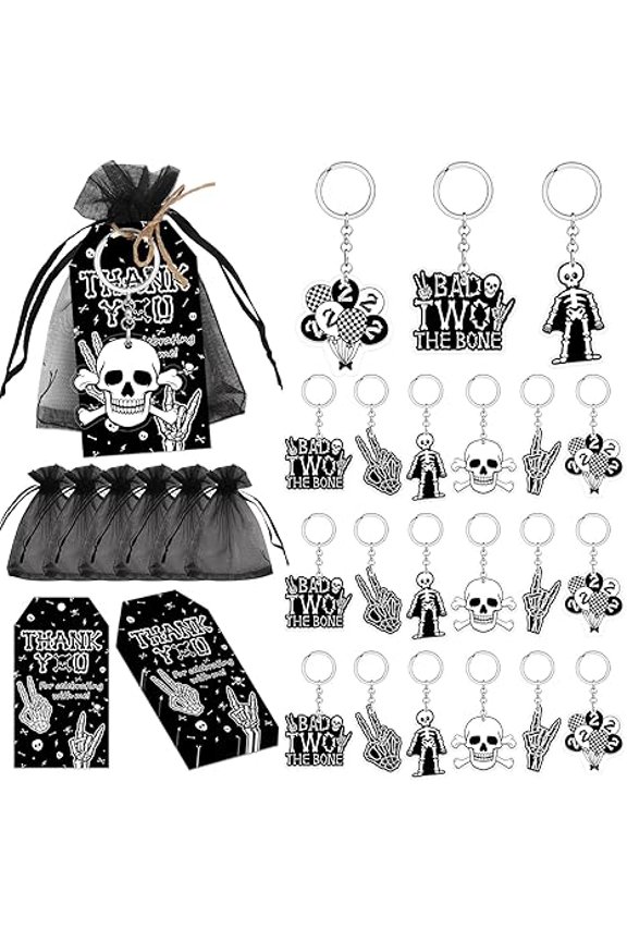 Bad Two the Bone Party Favor Tags & Keychains Kit Black Rock Themed 2nd Birthday decor Rock N Roll 2nd Birthday Keychains Gift Bags Thank You Tags Bone Skull Favors for Boy Second Birthday Party
