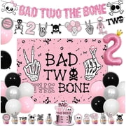 Bad Two The Bone birthday decor, 2nd skeleton party supplies, pink black goth milestone decorations, punk 2 year birthday kit, number 2 foil balloon, skull photo backdrop