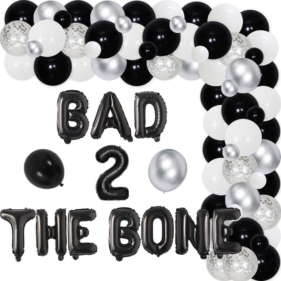Bad Two The Bone 2nd Birthday Party Decorations Black Silver Balloon Garland Arch Kit with Bad 2 The Bone Foil Balloons, Rock n Roll Music Theme 90s Second Birthday Party Decor for Boys