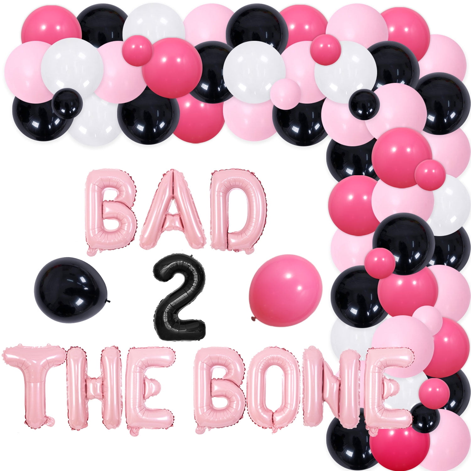Bad Two The Bone 2nd Birthday Party Decorations Pink Balloon Garland Arch Kit with Bad 2 The Bone Foil Balloons, Skull Rock n Roll Music Theme 90s Second Birthday Party Decor for Girls