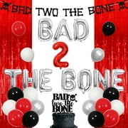 Bad Two The Bone Party Decorations Red and Black Rock Themed 2nd Birthday Party with Bad Two The Bone Balloon Banner Red Fringe Curtain for Boys Girls Rock and Roll Music Themed Birthday Supplies