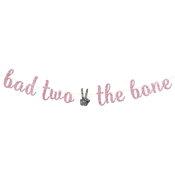 Bad Two The Bone Pink Glitter Cursive Banner with Peace Sign Hand Cutout, 2nd Birthday Girl Party Decorations