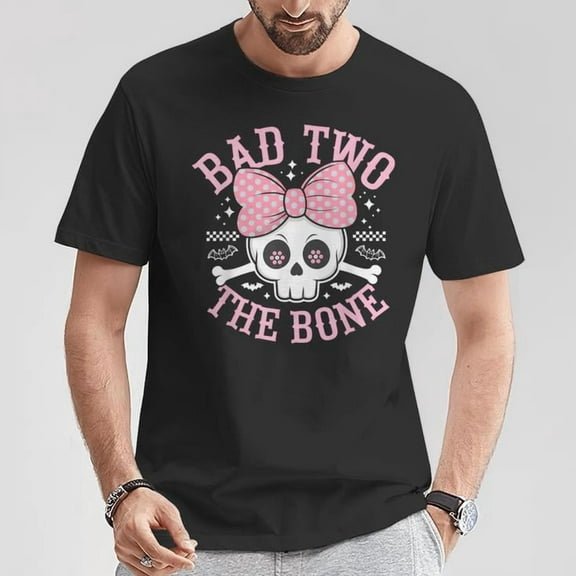 Bad Two The Bone Skull with Pink Bow for Halloween T-Shirt, Spooky Skull Design, Halloween Graphic Tee, Cute Halloween Shirt with Pink Bow