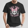 thumbnail image 1 of Bad Two The Bone Skull with Pink Bow for Halloween T-Shirt, Spooky Skull Design, Halloween Graphic Tee, Cute Halloween Shirt with Pink Bow, 1 of 5