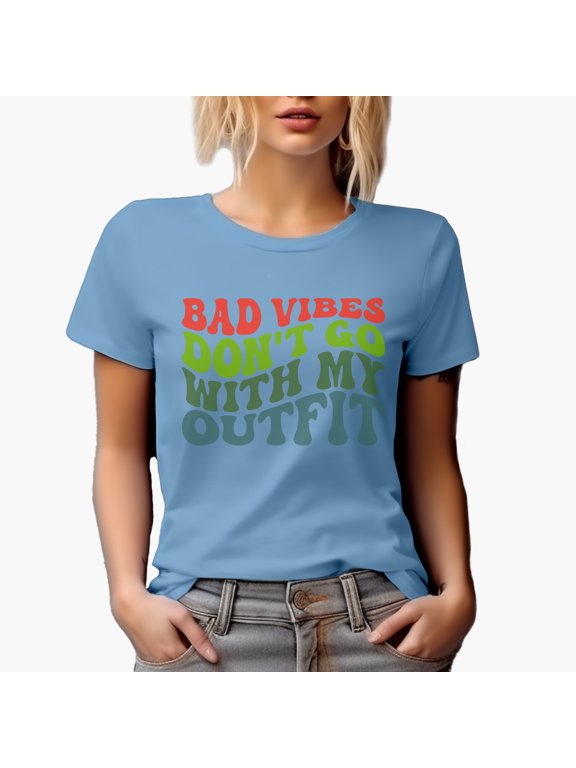 Bad Vibes Don't Go with My Outfit, Groovy Retro Wavy Text Merch Gift, Baby Blue T-Shirt, Small