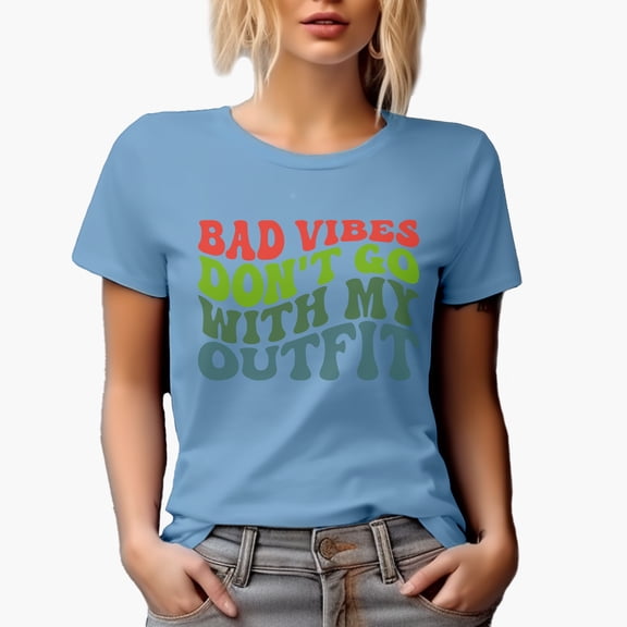 Bad Vibes Don't Go with My Outfit, Groovy Retro Wavy Text Merch Gift, Baby Blue T-Shirt, XL