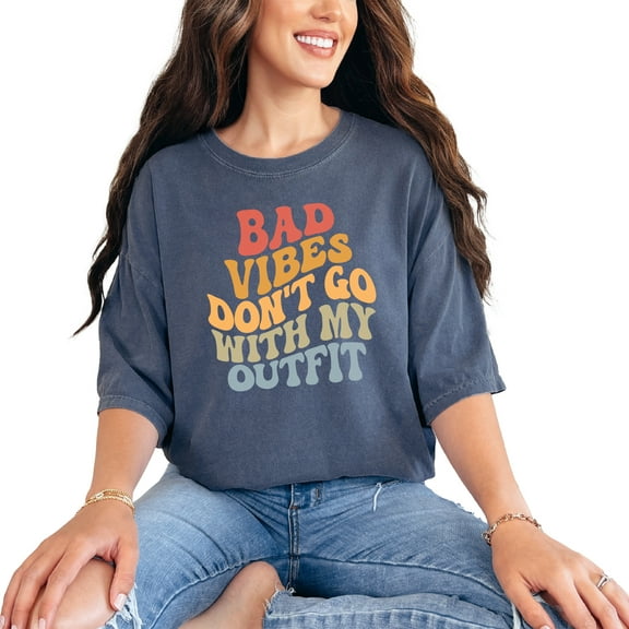 Bad Vibes Don't Go with My Outfit, Quote on Being Positive, Groovy Retro Wavy Text, Denim Comfort Colors T-Shirt, XL