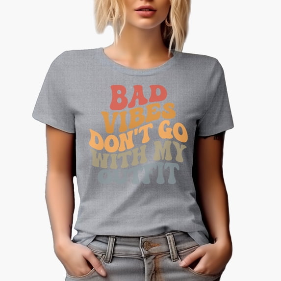 Bad Vibes Don't Go with My Outfit Saying, Groovy Retro Wavy Text Merch Gift, Heather Grey T-Shirt, 2XL