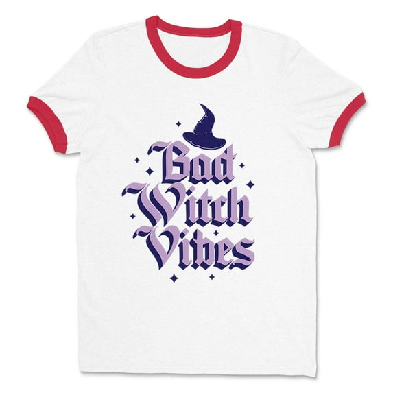 Bad Witch Vibes Ringer Tee Shirt Unisex Large White/Red