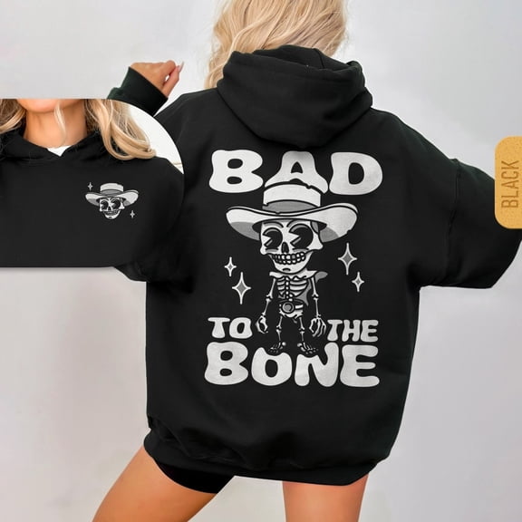 Bad to the Bone Skeleton Hoodie, Unisex Western Cowboy Hoody, Funny Retro Country Skeleton Graphic Pullover Black