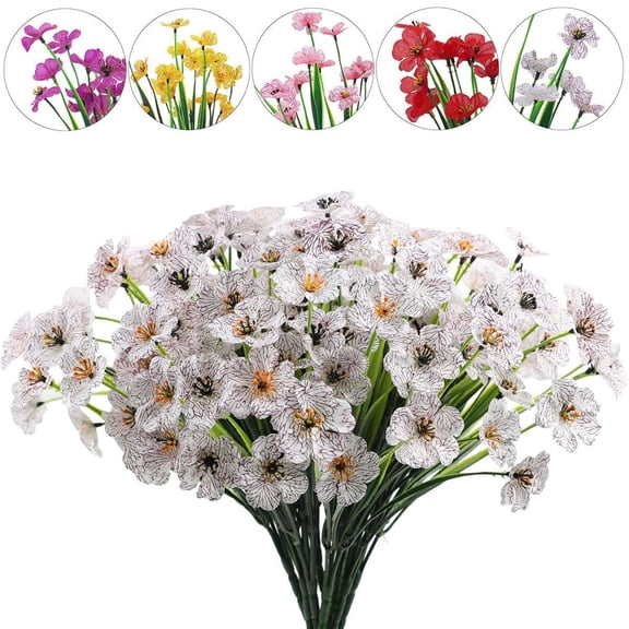 BadPiggies 10 Bundles Artificial Flowers No Fade Plastic Violet UV Resistant Hanging Plants for Outdoor Garden Porch Window Decor (White)