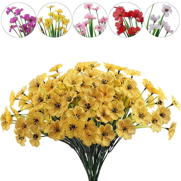 BadPiggies 10 Bundles Artificial Flowers No Fade Plastic Violet UV Resistant Hanging Plants for Outdoor Garden Porch Window Decor (Yellow)