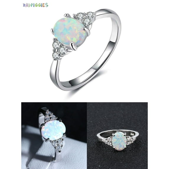 BadPiggies 100% 925 Sterling Silver Oval White Fire Opal Gemstone Ring for Womens Wedding Engagement (Size 6)