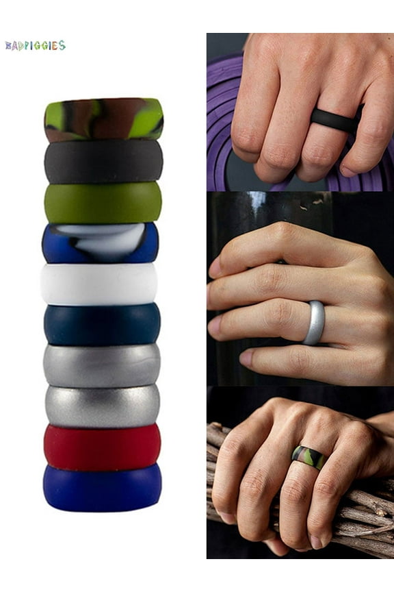 BadPiggies 10Pcs Men's Silicone Bands Fashion Stackable Rings Set for Gift Sport Gym (Size 10)