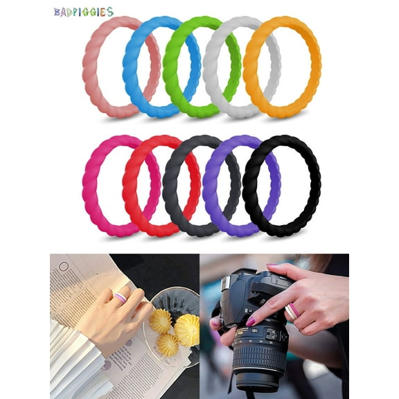BadPiggies 10Pcs/Set Silicone Wedding Rings for Women, Thin Braided Rubber Stackable Engagement Bands Hypoallergenic (Size 8)