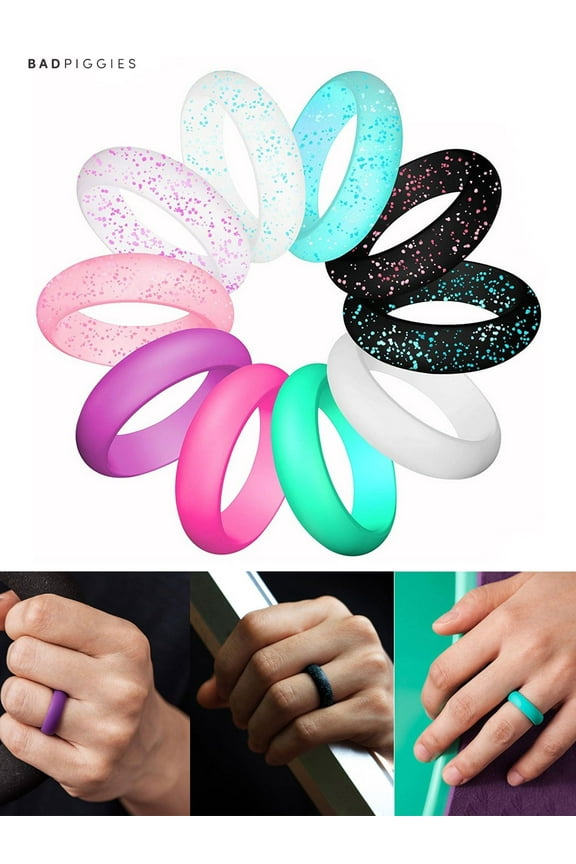 BadPiggies 10Pcs Women Waterproof Silicone Wedding Band Stackable Rubber Engagement Rings Set (Size 8)