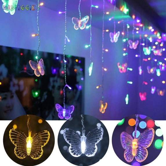BadPiggies 11.5 Ft LED Butterfly String Curtain Lights, Christmas 96 Butterflies Lights Decor for Indoor & Outdoor, Birthday, Holiday, Valentine, Wedding Party (Multi-color)