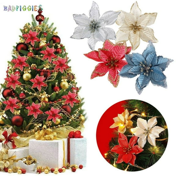 BadPiggies 12Pcs 5.9" Glitter Artificial Flowers Christmas Tree Ornaments Poinsettia Artificial Flowers for Christmas Home Wedding Party Decorations (Blue)