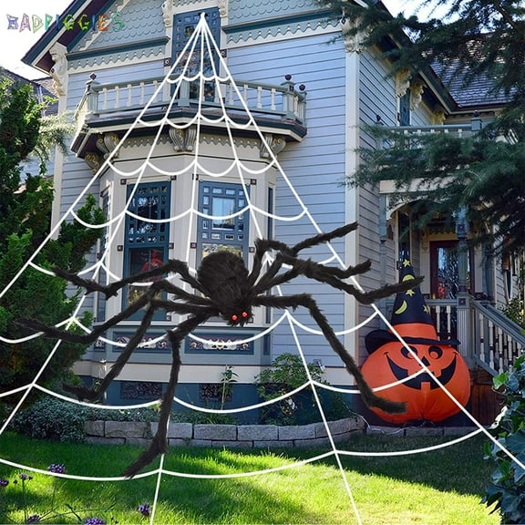 BadPiggies 16.4ft Triangle Spider Web with 5ft Giant Fake Spider Set Halloween Scary Decorations Cobweb for Outdoor Porch Haunted