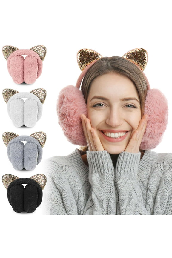 BadPiggies 2-Pack Winter Earmuffs Foldable Fluffy Cute Cat Ear Warmer Glitter Ear Muffs for Women and Girls