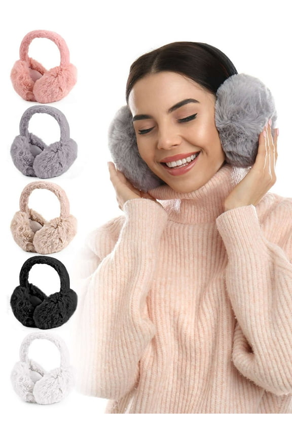 BadPiggies 2 Pack Winter Plush Ear Muffs for Women Foldable Cute Fluffy Ear Warmers Soft Thickened Headband (Black&Gray)