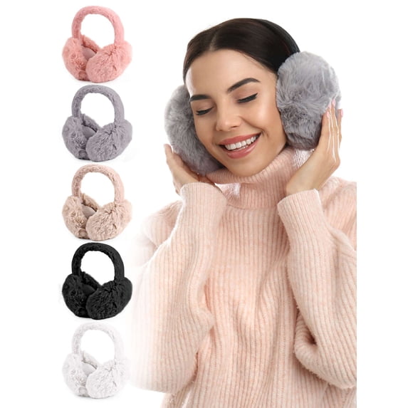 BadPiggies 2 Pack Winter Plush Ear Muffs for Women Foldable Cute Fluffy Ear Warmers Soft Thickened Headband (Black&Gray)