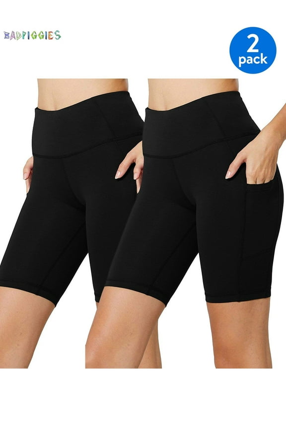 BadPiggies 2-Pack Women High Waist Active Yoga Shorts Side Pockets Bike Shorts Compression Pants 2XL, Black
