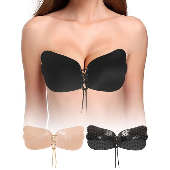 BadPiggies 2-Pack Womens Invisible Sticky Bras Self Adhesive Strapless Bras Backless with Drawstring (B Cup, Black+Beige)