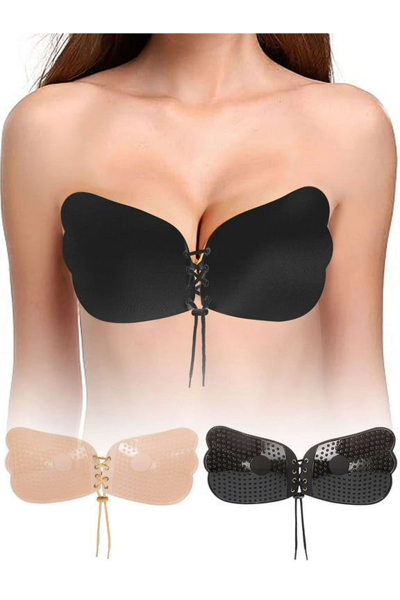 BadPiggies 2-Pack Womens Invisible Sticky Bras Self Adhesive Strapless Bras Backless with Drawstring (B Cup, Black)