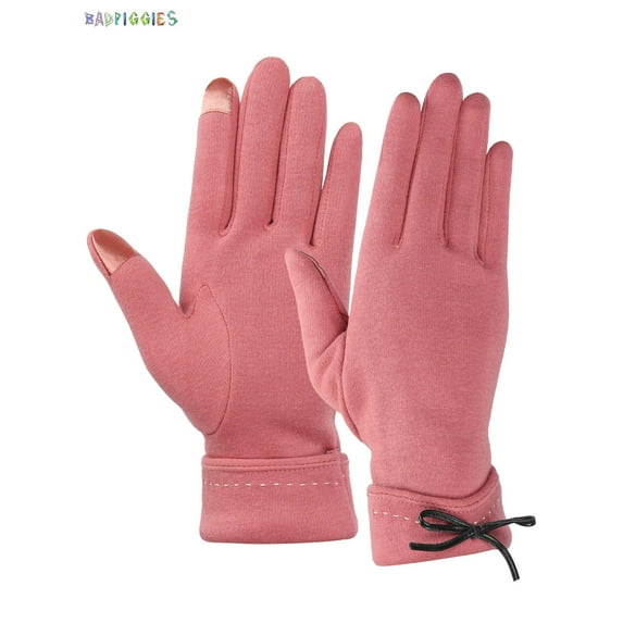BadPiggies 2 Pairs Elegant Bow Gloves For Women, Winter Warm Touchscreen Texting Fleece Lined Driving Motorcycle Dress Gloves (Pink)