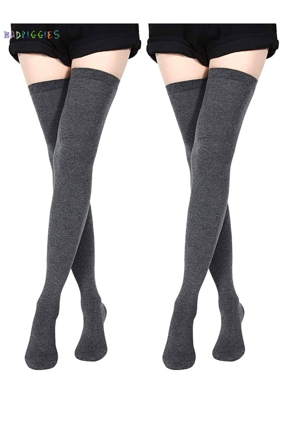 BadPiggies 2 Pairs Extra Long Cotton Thigh High Socks Over the Knee High Boot Stockings Womens Leg Warmers (Gray)