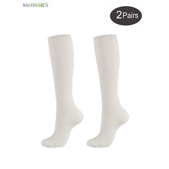 BadPiggies 2 Pairs Solid Knee High Compression Socks Graduated 10-20mmHg for Men & Women Running, Medical (S/M, White)