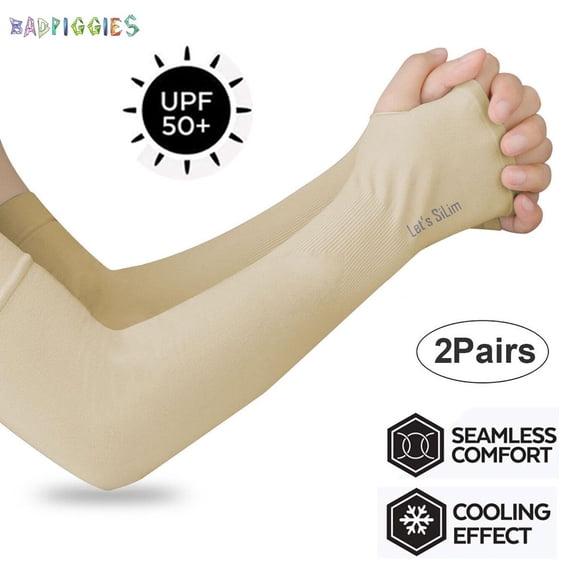 BadPiggies 2 Pairs UV Protection Cooling Arm Sleeves, UPF 50+ Men & Women Long Sun Protection Sports Sleeves Tattoo Cover Up With Thumb Holes (Skin)