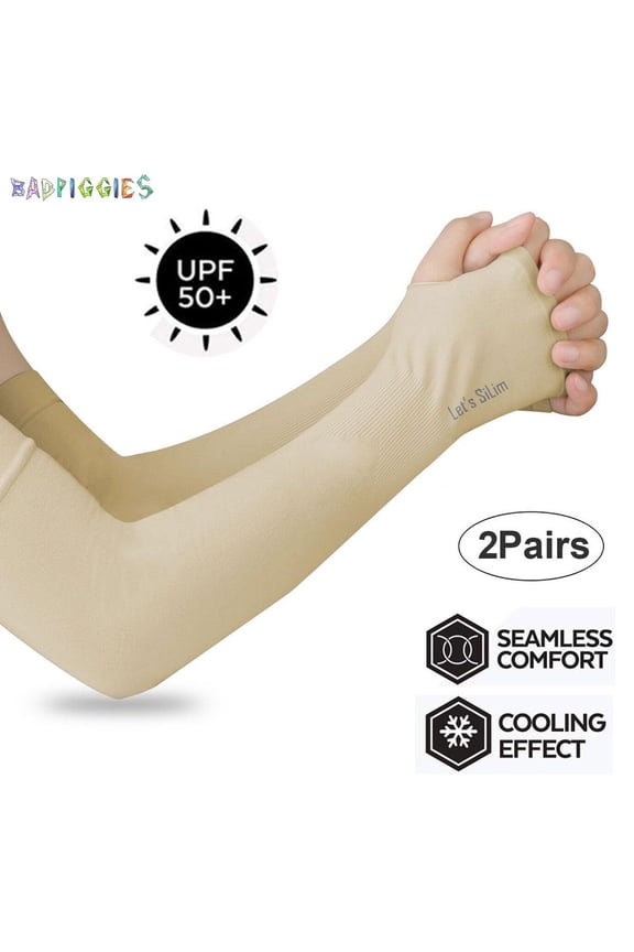 BadPiggies 2 Pairs UV Protection Cooling Arm Sleeves, UPF 50+ Men & Women Long Sun Protection Sports Sleeves Tattoo Cover Up With Thumb Holes (Skin)