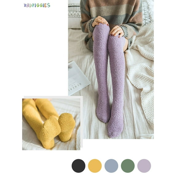 BadPiggies 2 Pairs Womens Warm Coral Fleece Thigh High Stockings Soft Thicken Velvet Long Socks Fuzzy Fluffy Knee Socks (Yellow)