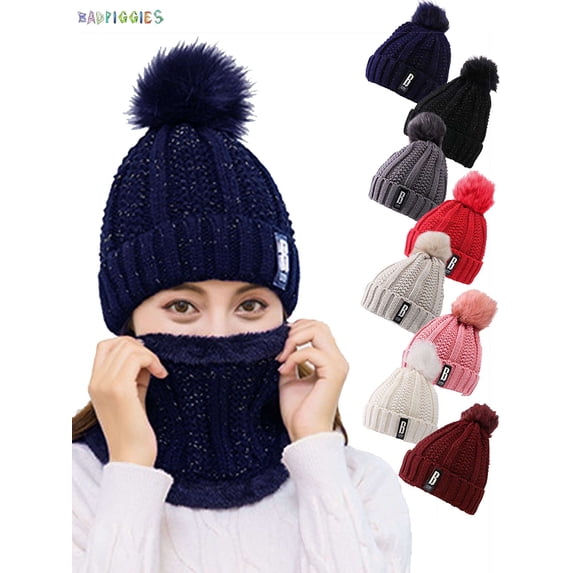 BadPiggies 2-Pieces Winter Knitted Beanie Hat Scarf Set Thick Warm Velvet Lining Skull Ski Cap with Pompom for Men Women, Black