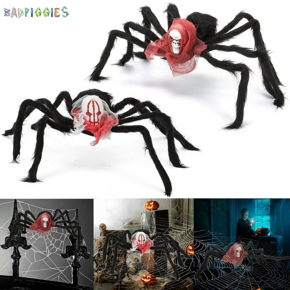 BadPiggies 28in Halloween Giant Spider Decorations Large Scary Hairy Skull Spider for Indoor Outdoor Yard Party Decor