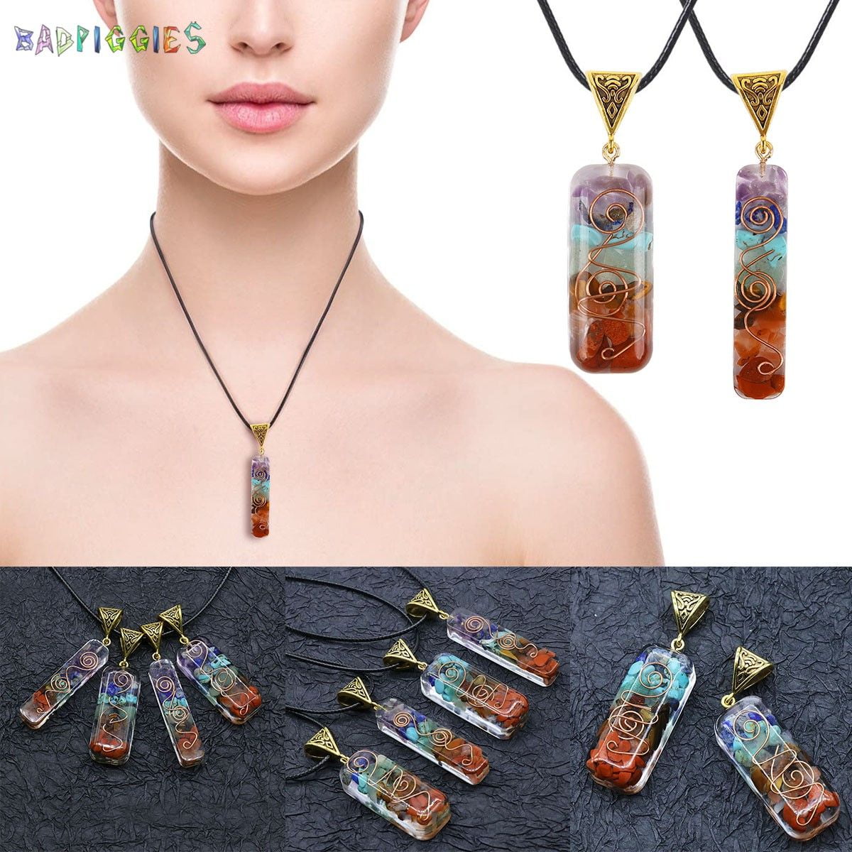 7 Chakra Stone Orgonite Healing Pendant Natural Gemstone Resin Charm  Necklace