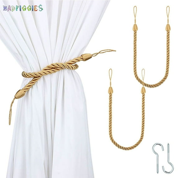BadPiggies 2Pcs Curtain Rope Tiebacks, Decorative Handmade Drapery Rope Holdbacks with 2 Metal Screw Hooks (Golden)