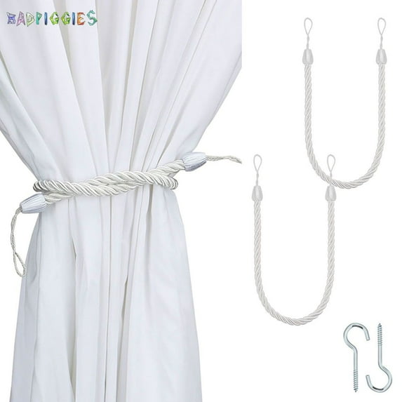 BadPiggies 2Pcs Curtain Rope Tiebacks, Decorative Handmade Drapery Rope Holdbacks with 2 Metal Screw Hooks (White)