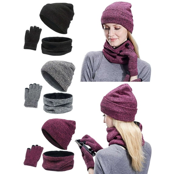 BadPiggies 3 PCS Beanie Hat Scarf Touchscreen Gloves Set for Men and Women, Winter Knit Beanie Gloves Neck Warmer with Warm Fleece Lined (Black)