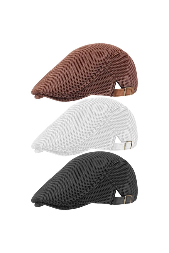 BadPiggies 3 Pack Newsboy Cap Adjustable Beret Cap Mesh Breathable Summer Hat Cabbie Flat Cap (Black&Khaki&White)