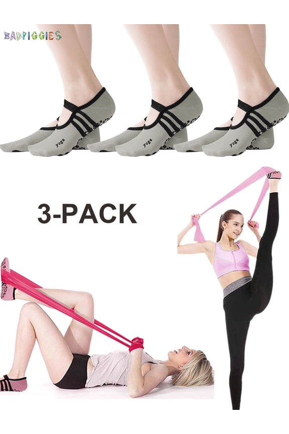 BadPiggies 3-Pack Non Slip Yoga Socks Slipper Womens Professional Rubber Dots Cycling Socks for Pilates Ballet Dance, Gray