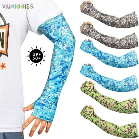 BadPiggies 3 Pairs Sun Protection Ice Silk Cooling Arm Sleeves, for Men Women Sunblock UV Protective Cooler Sports Arm Cover Sleeves (Digital-Black/Green/Blue)