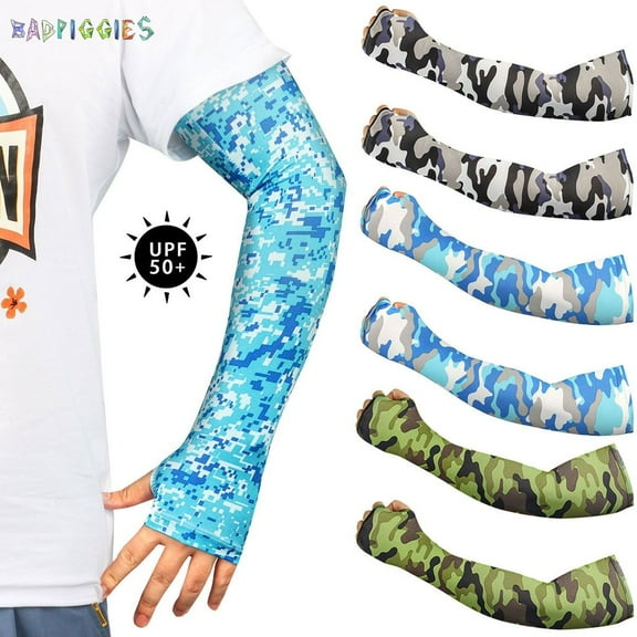 BadPiggies 3 Pairs Sun Protection Ice Silk Cooling Arm Sleeves, for Men Women Sunblock UV Protective Cooler Sports Arm Cover Sleeves (Camouflage-Black/Green/Blue)